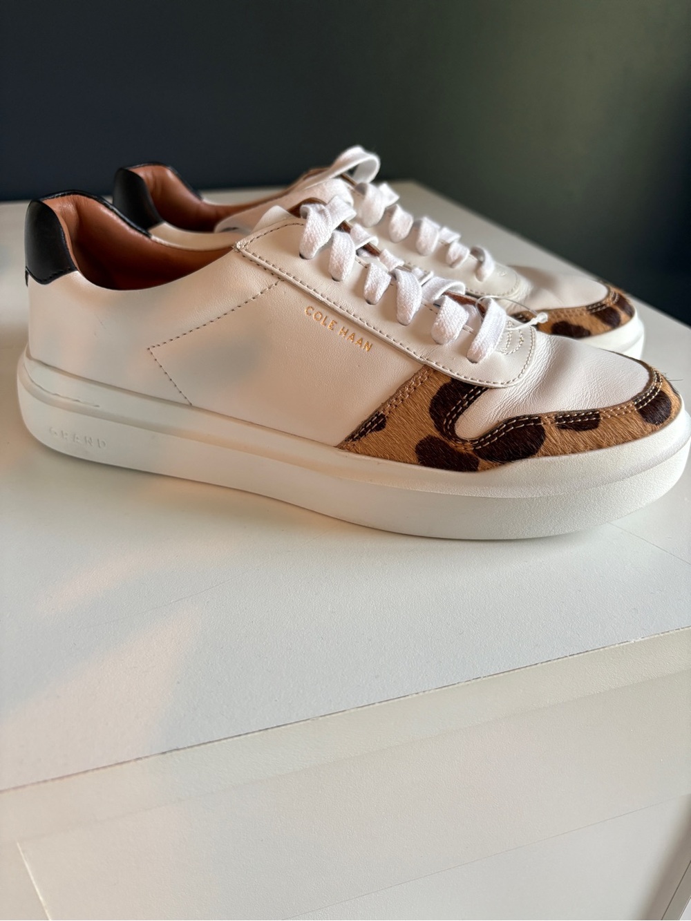 Cole Haan White Leather Sneakers with Leopard Print and Black Heel